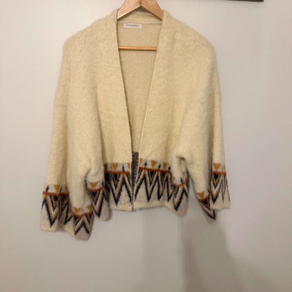 Anthropologie Cream Fuzzy Southwestern Open Cardigan Sweater Geometric Boho